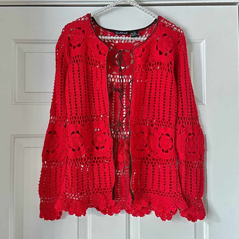 Vintage Y2K Red Paint Crochet Triple Bow Top